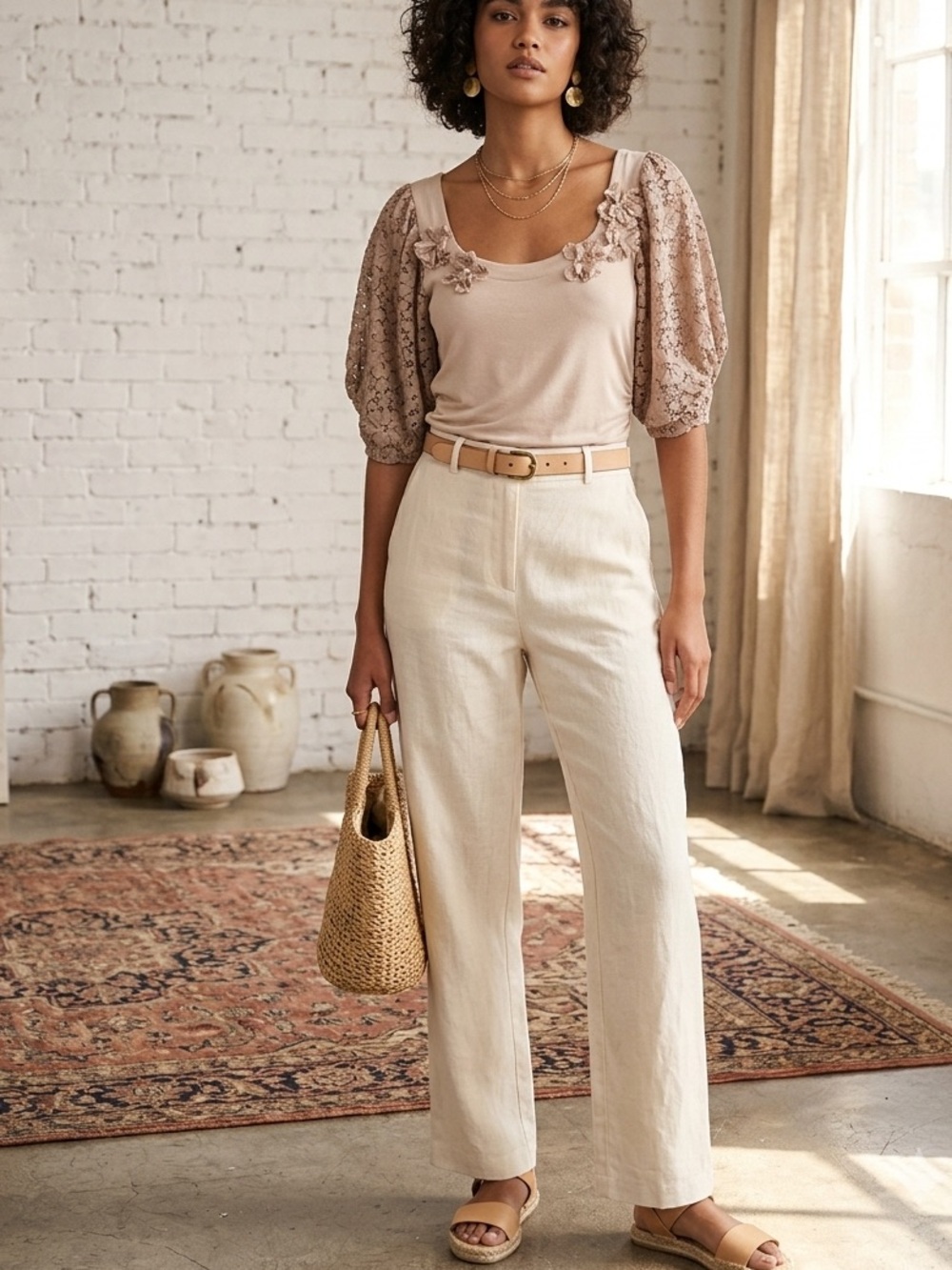 BKE Taupe/Mauve M Puff Lace Sleeve Top with Floral Appliqué